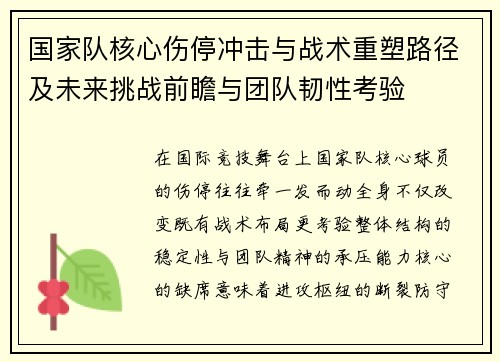国家队核心伤停冲击与战术重塑路径及未来挑战前瞻与团队韧性考验