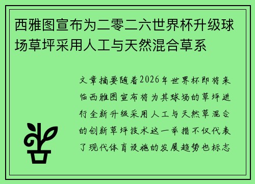 西雅图宣布为二零二六世界杯升级球场草坪采用人工与天然混合草系 西雅图宣布为二零二六世界杯升级球场草坪采用人工与天然混合草系